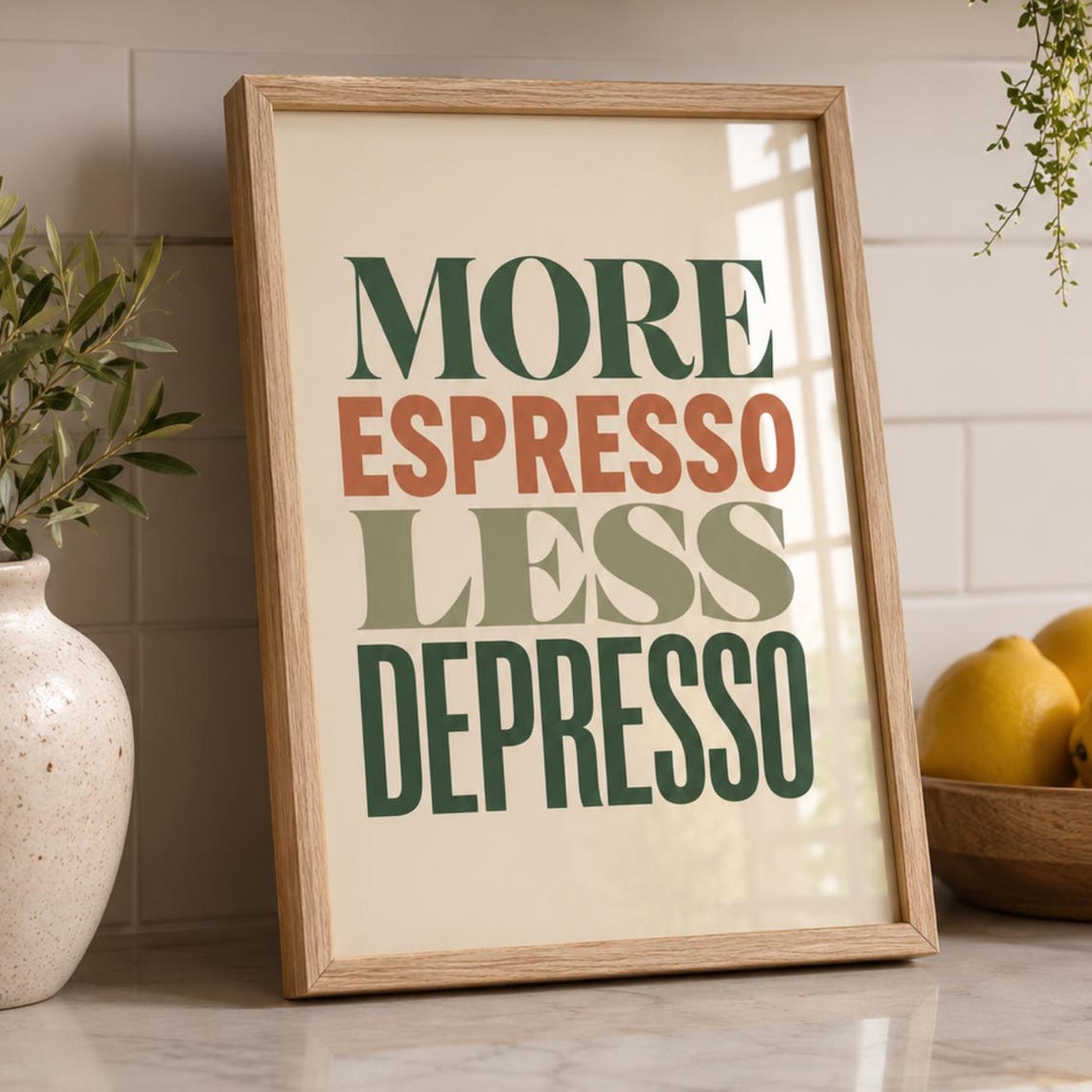 More Espresso Less Depresso Funny Coffee Kitchen Sunlit Poster