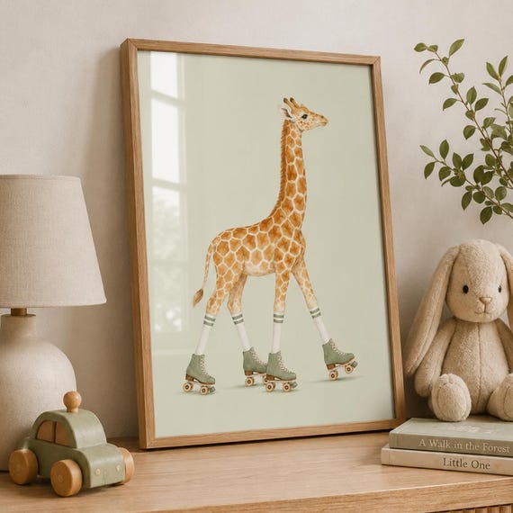 Giraffe Nursery Wall Art Print Roller Skate Poster Safari Animal Decor Kids Room Neutral Gift