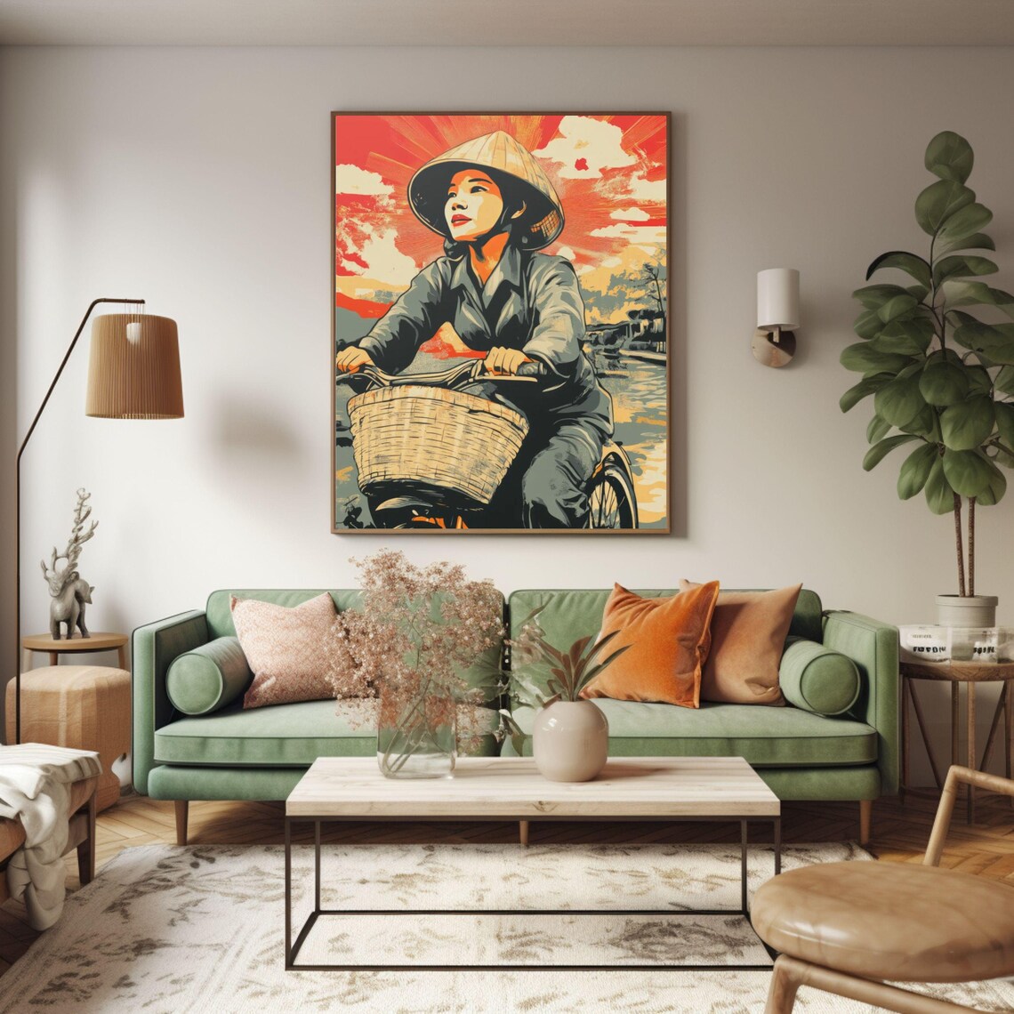 Vietnamese Woman Cycling at Sunset Retro Travel Style Art Poster