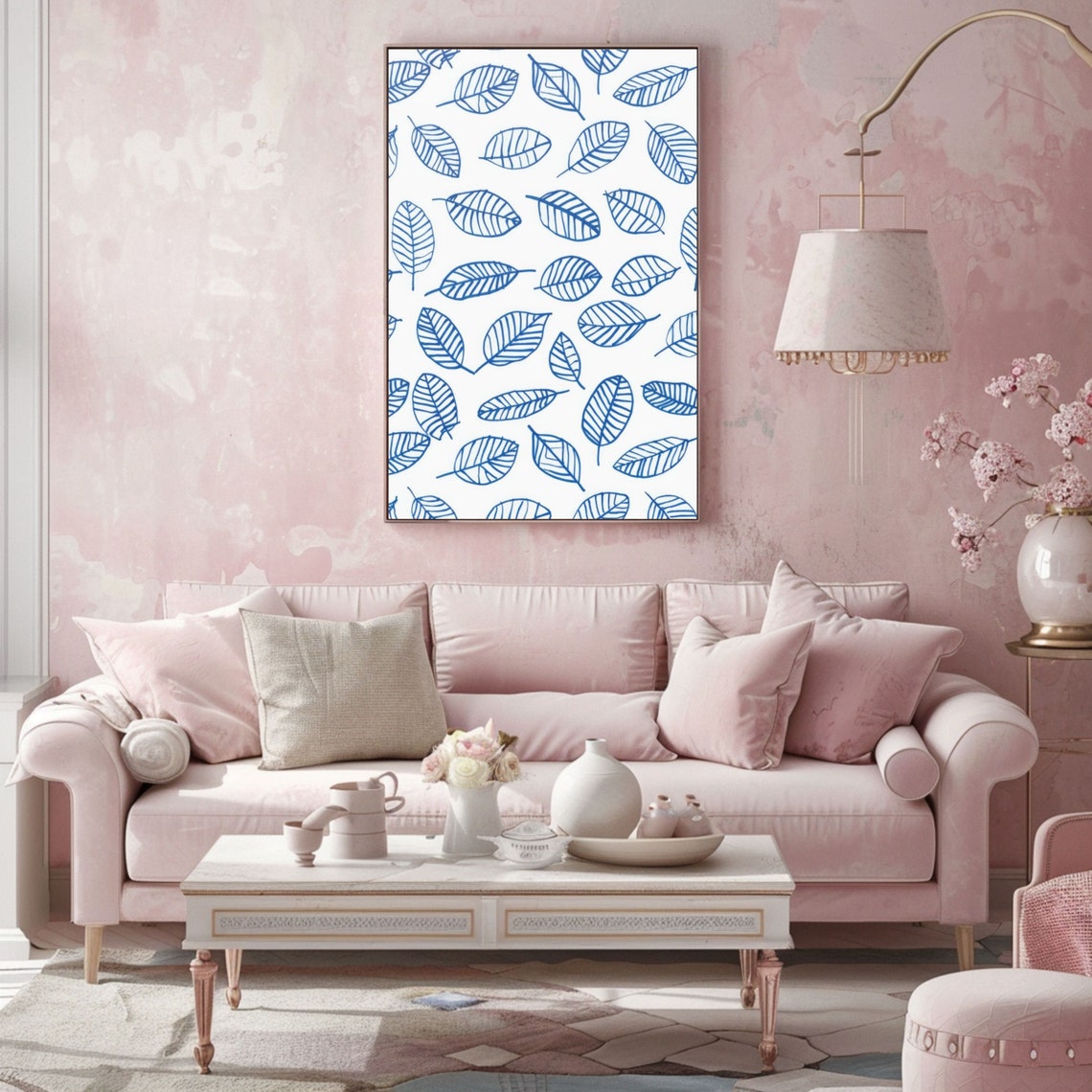 Blue Leaves Line Drawing Pattern Minimalist Botanical Art Poster