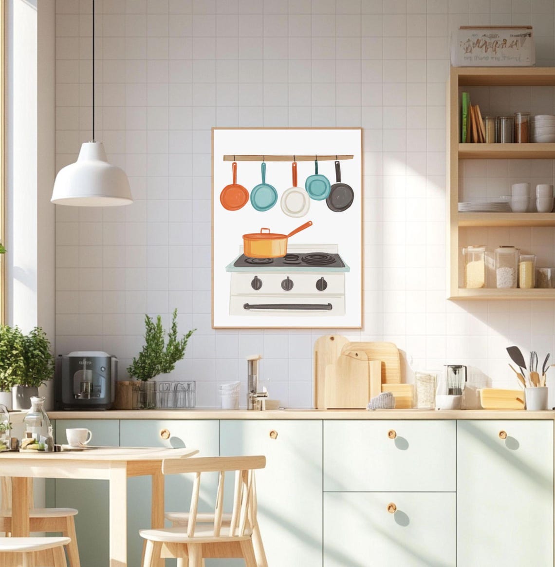 Retro Kitchen Cookware Poster Vintage Stove With Hanging Pots And Pans