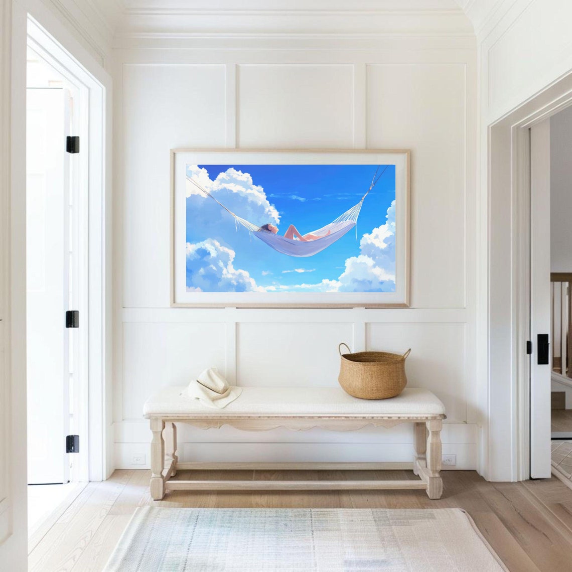 Surreal Dreamy Hammock Floating Among Bright Blue Clouds Poster