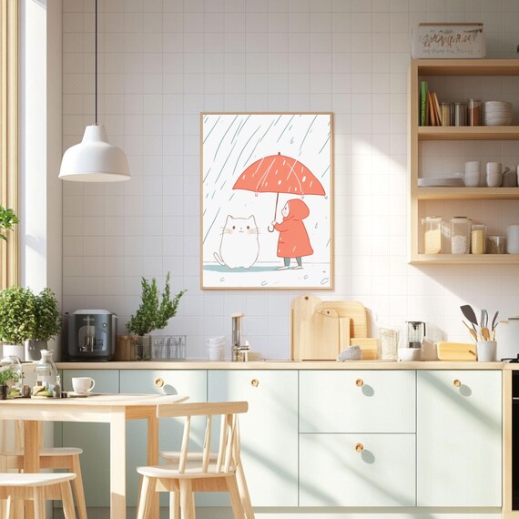 Child Sharing Red Umbrella With Cat In The Rain Cute Art Poster