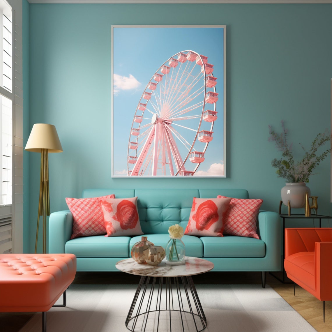 Pink Ferris Wheel Against Clear Blue Sky Carnival Ride Art Poster