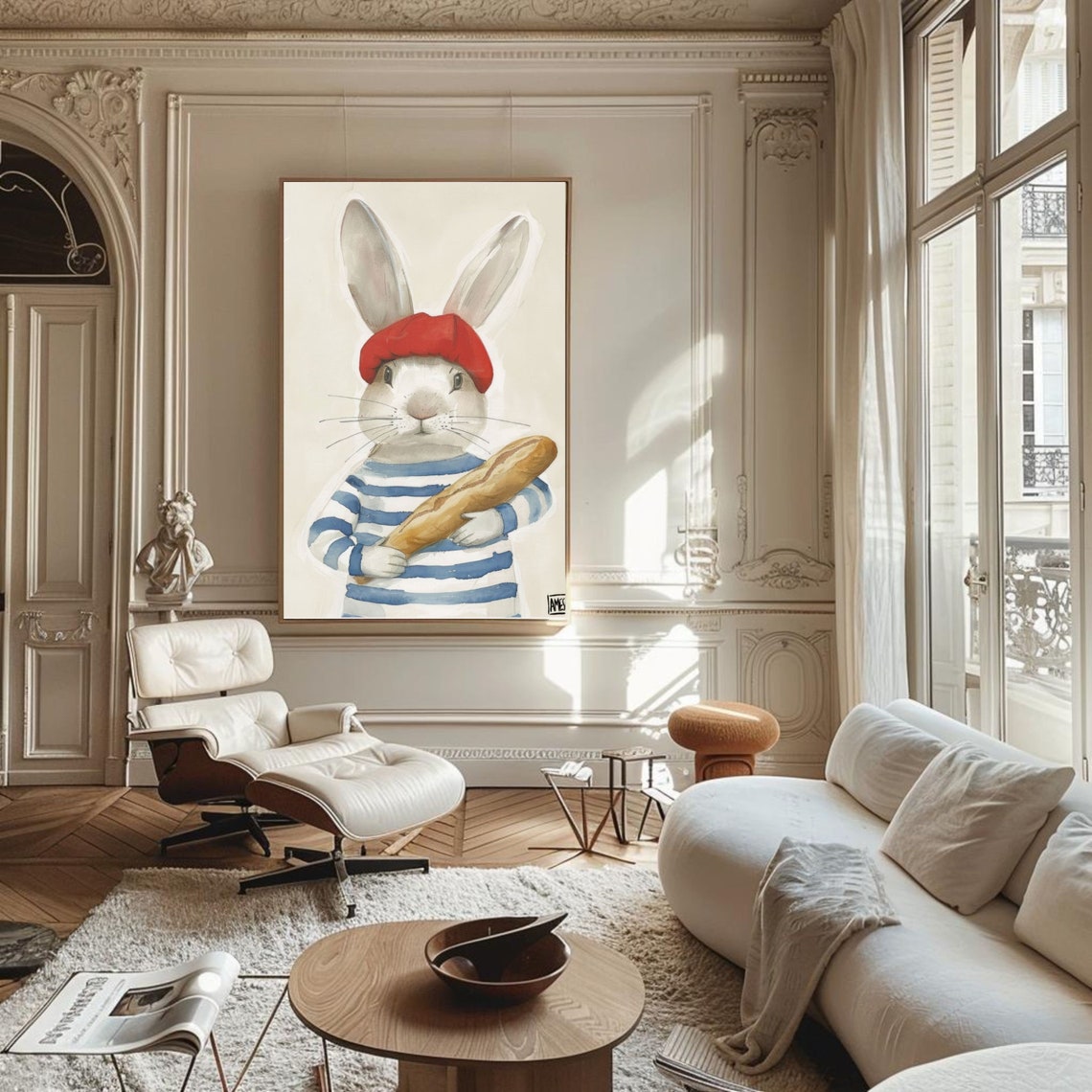 French Bunny in a Red Beret Holding a Baguette Kitchen Art Poster