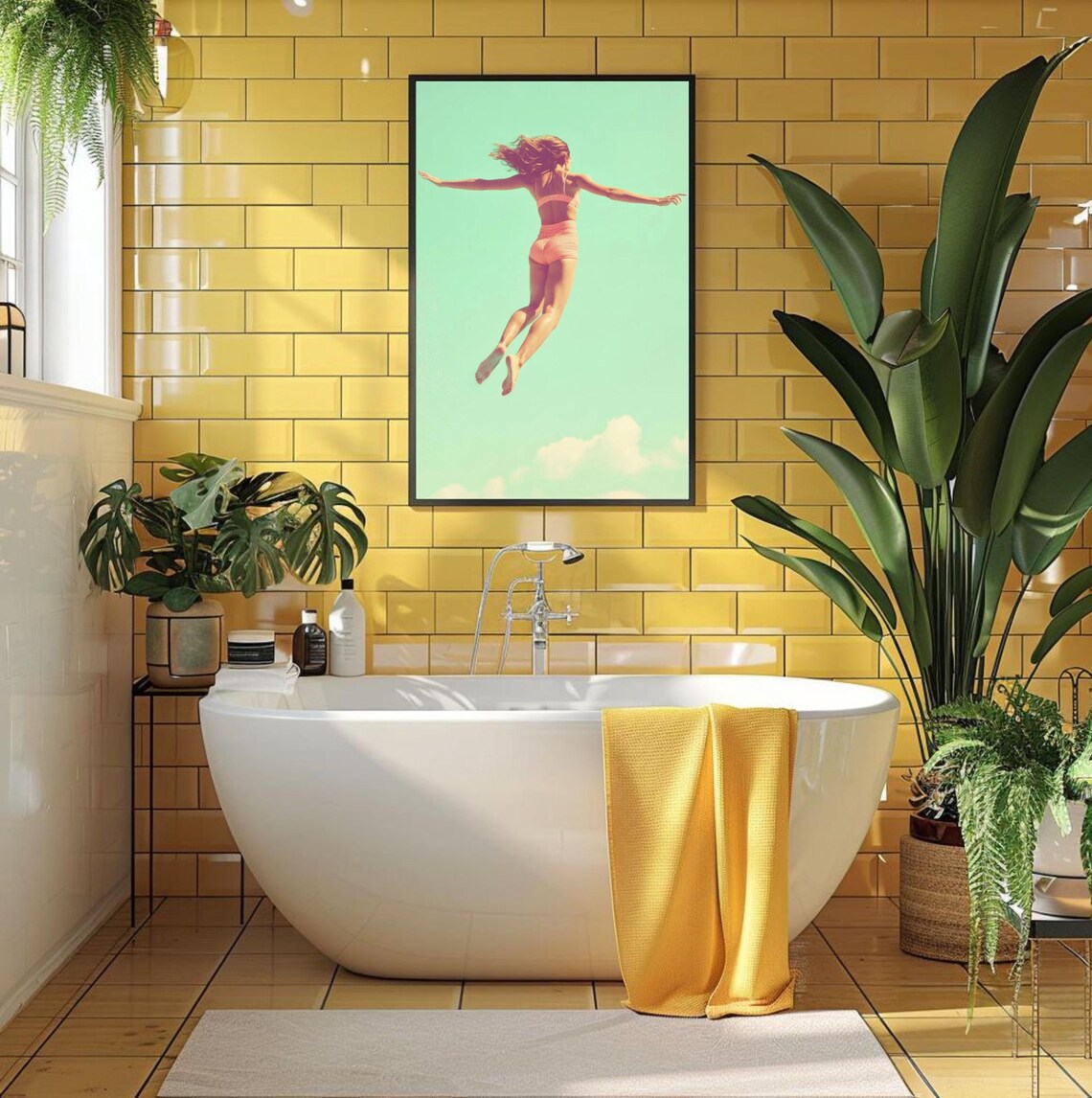 Retro Summer Woman Diving In Bikini Mint Sky Vintage Beach Poster