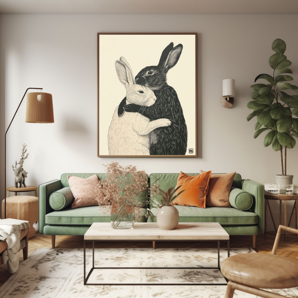 Two Rabbits Hugging Black And White Cute Bunny Artwork Poster