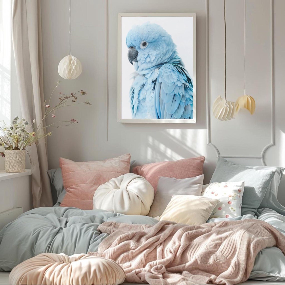 Blue Parrot Portrait Photo Soft White Minimalist Bird Art Poster