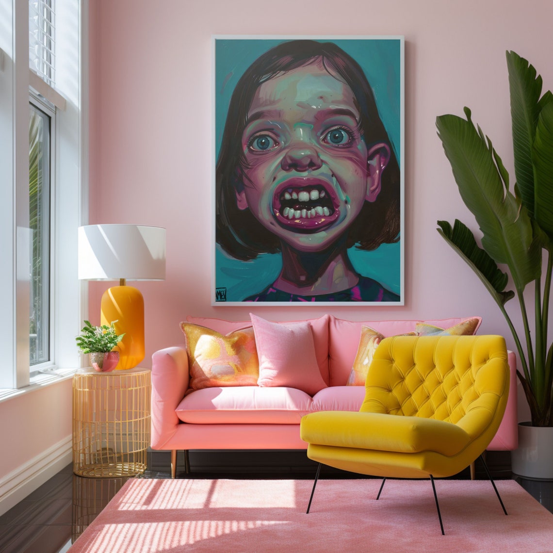 Wide-Eyed Surprised Girl Expressionist Portrait Teal Colors Poster