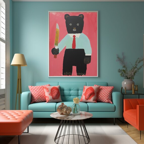 Naive Black Teddy Bear in Red Tie Holding Knife Quirky Art Poster