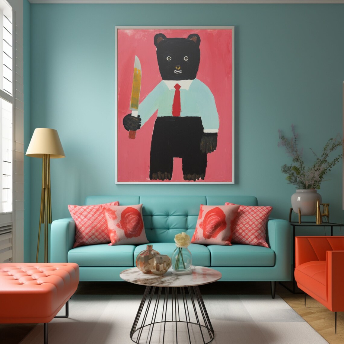 Naive Black Teddy Bear in Red Tie Holding Knife Quirky Art Poster