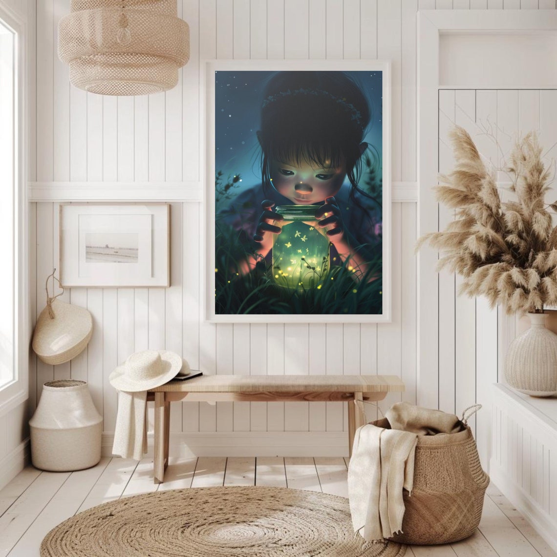 Little Girl Holding A Glowing Firefly Jar At Night Art Print