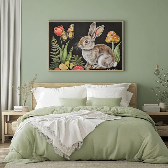 Bunny with Tulip Butterfly and Mushrooms Vintage Botanical Poster