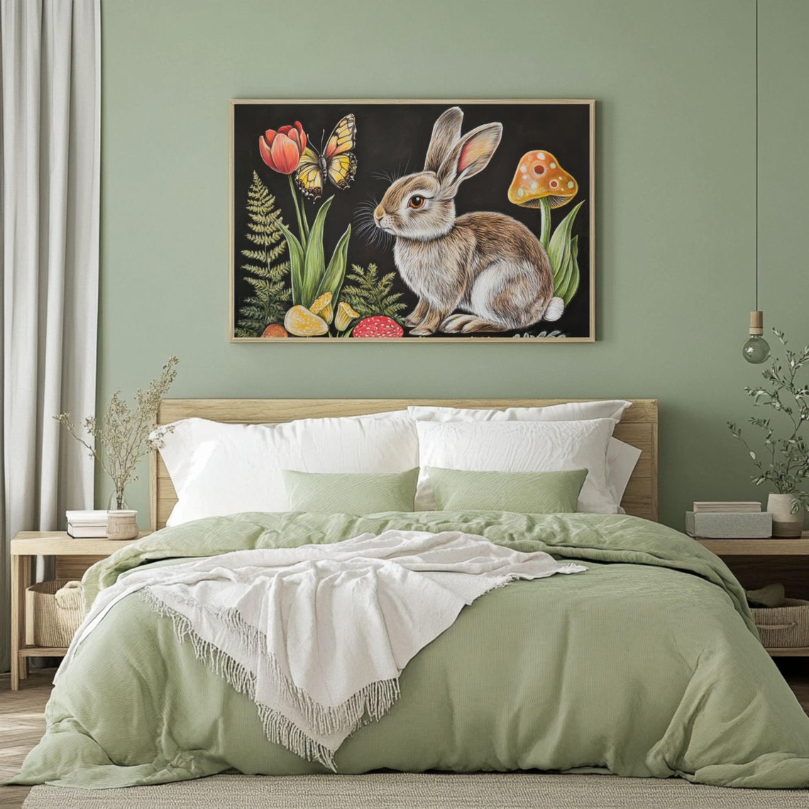 Bunny with Tulip Butterfly and Mushrooms Vintage Botanical Poster