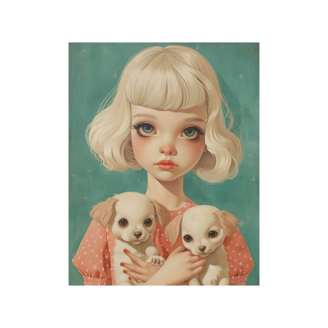 Cute Girl With Puppies Illustration Girl Wall Art Dogs Print Puppies Wall Art Poster - Image 3