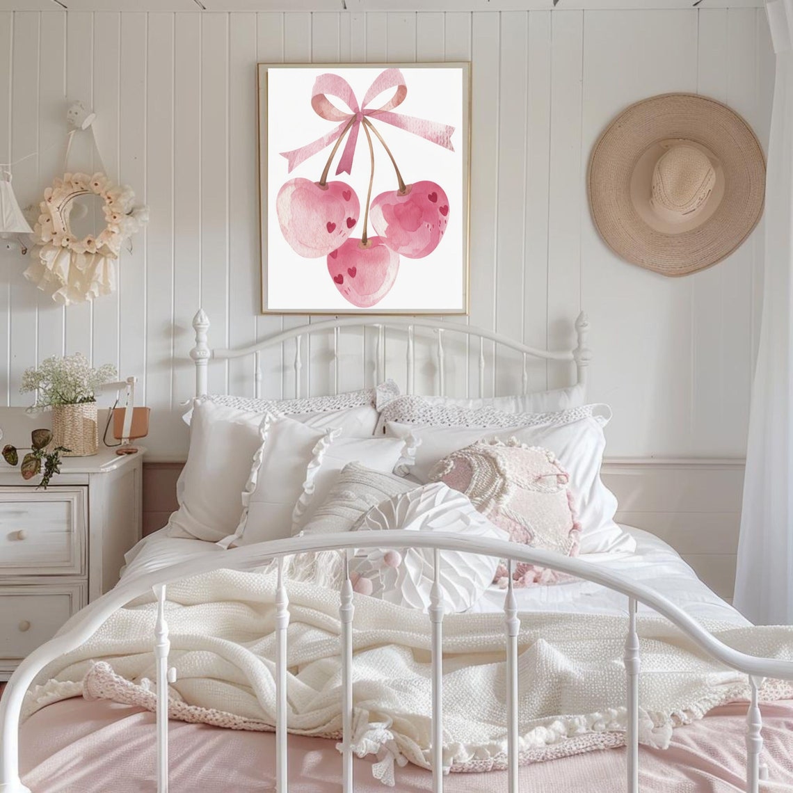 Pink Watercolor Cherries with Satin Bow Coquette Style Poster