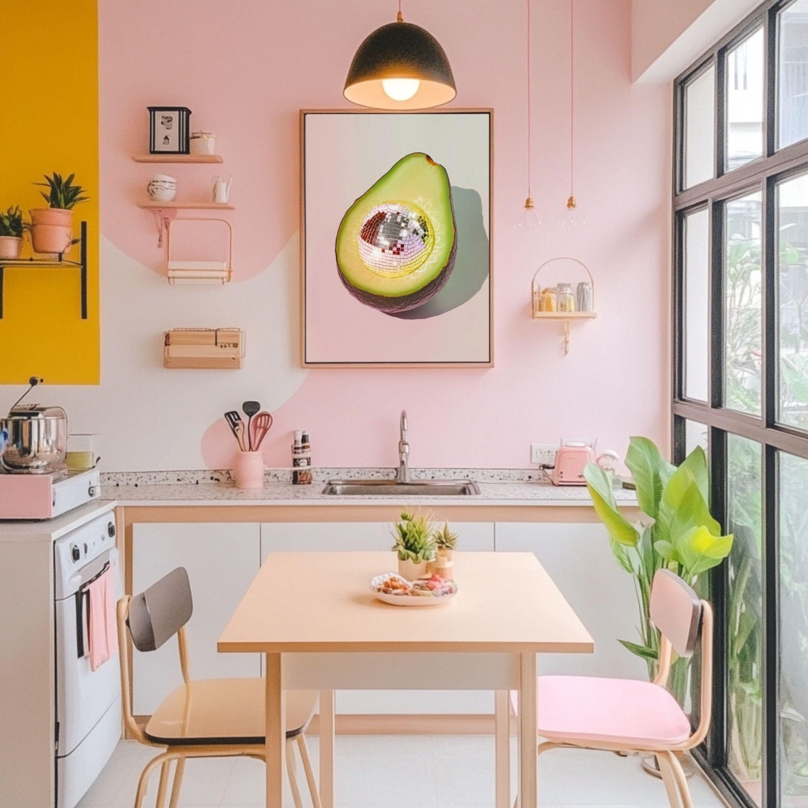 Disco Ball Avocado Half Playful Retro Blush Pink Kitchen Poster