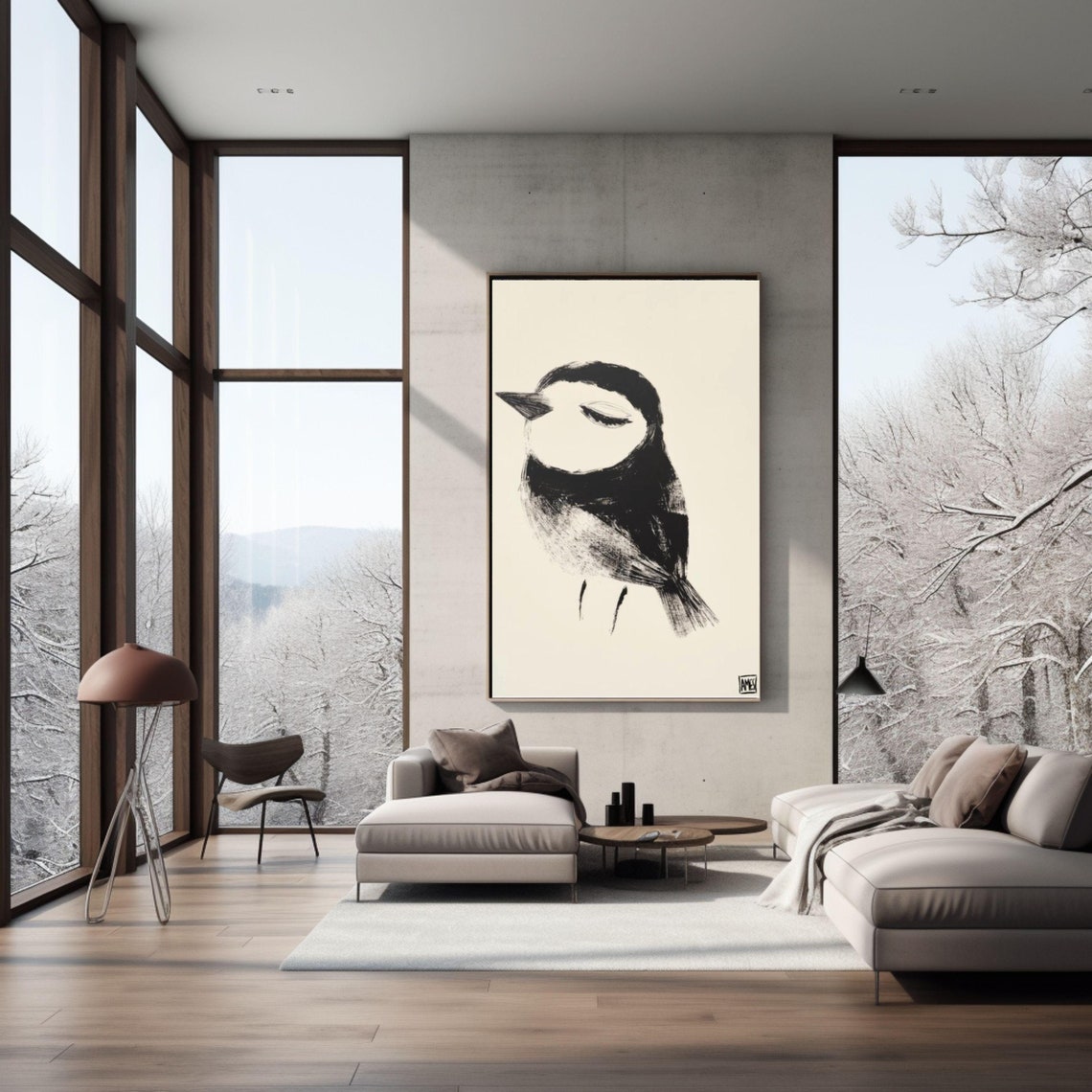 Minimalist Black Ink Bird Sketch Cream Background Art Poster