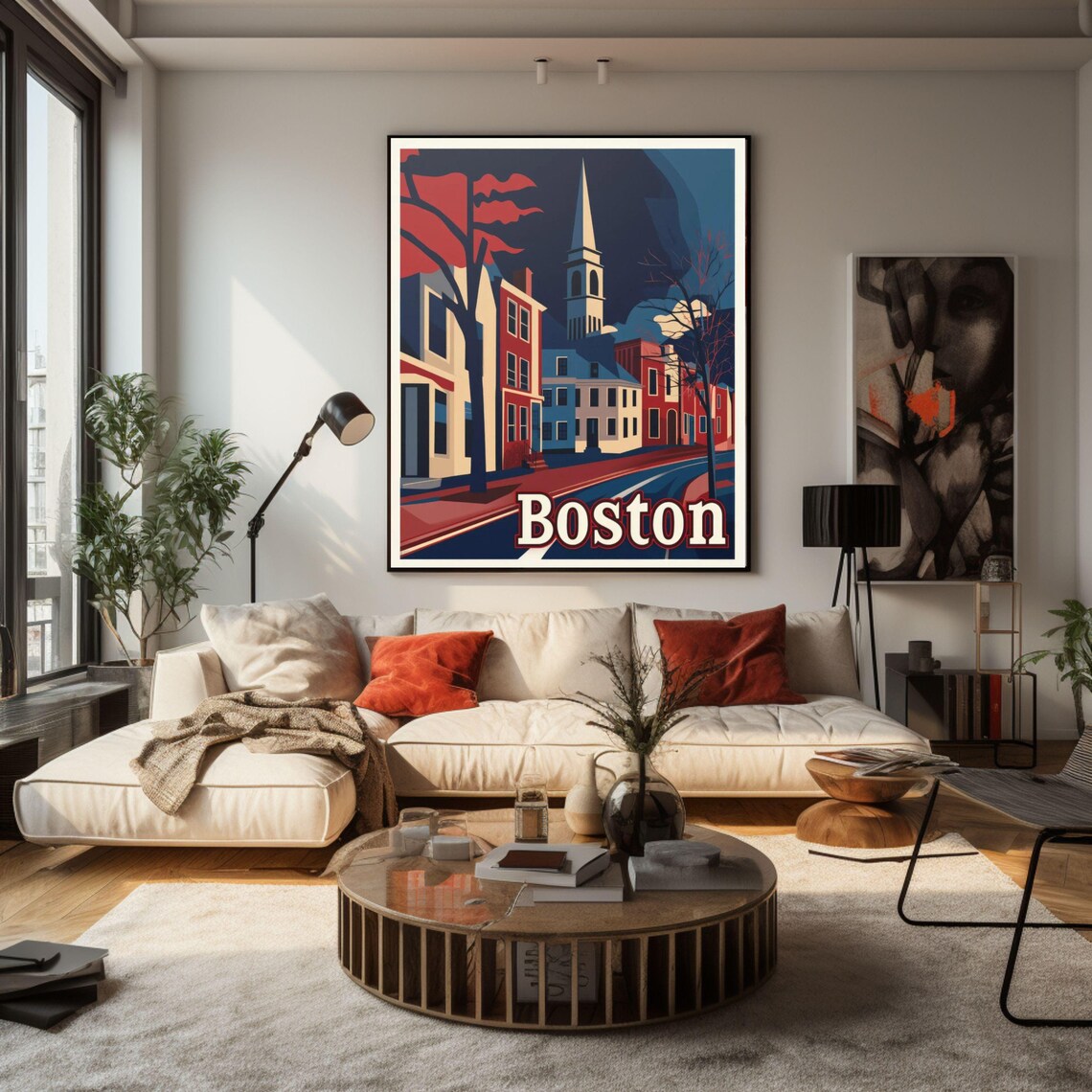 Historic Boston Brownstones with Church Steeple Vintage Travel Poster