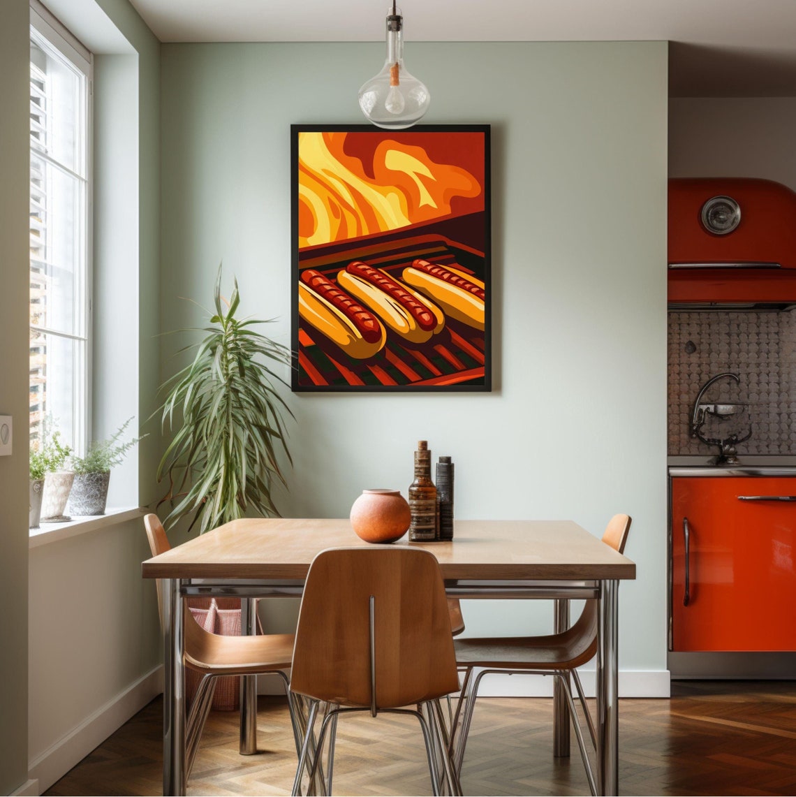 Hot Dogs Sizzling Over Bright Flames Retro Pop Art Kitchen Poster