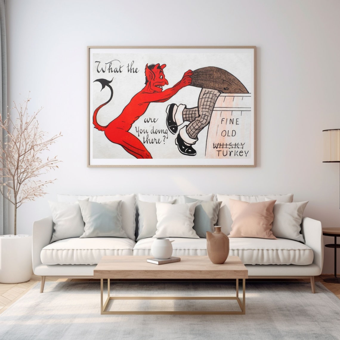Red Devil Pulling Man from a Whisky Barrel Vintage Satirical Poster