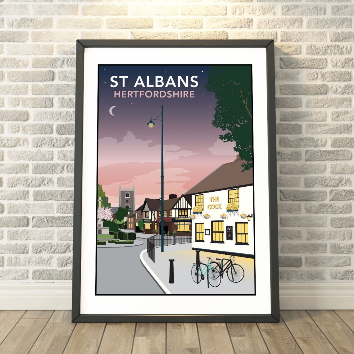 St Albans Hertfordshire Night Street The Cock Pub Travel Poster