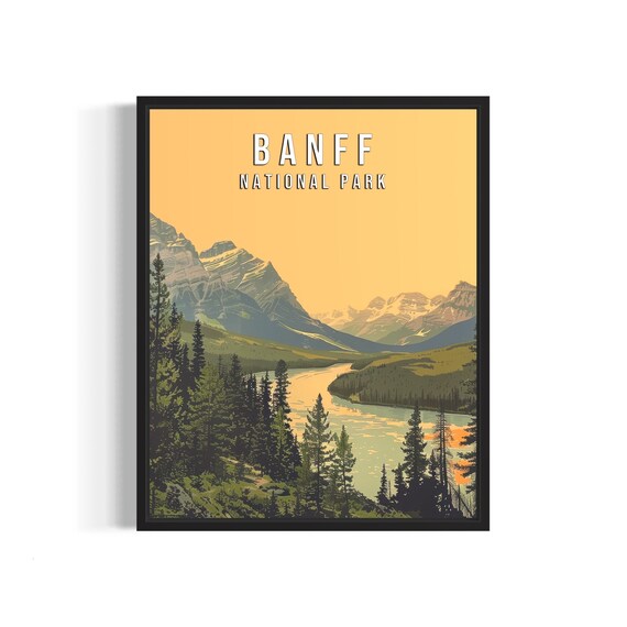 Banff National Park Rocky Mountain Valley River Vintage Travel Poster
