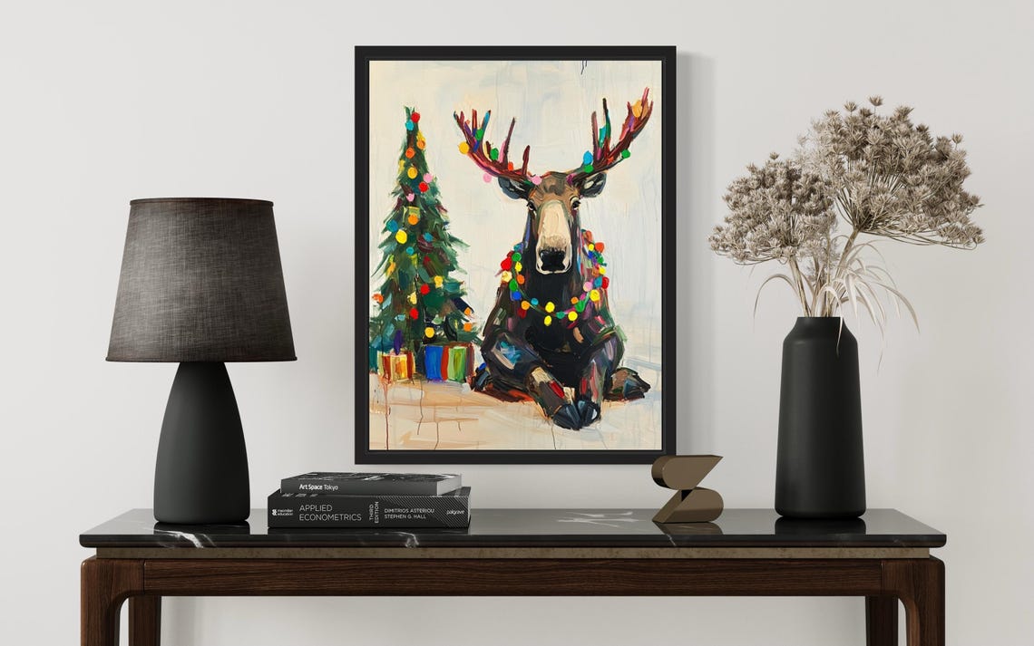 Moose Tangled In Christmas Lights Holiday Tree Poster Artwork - Image 3