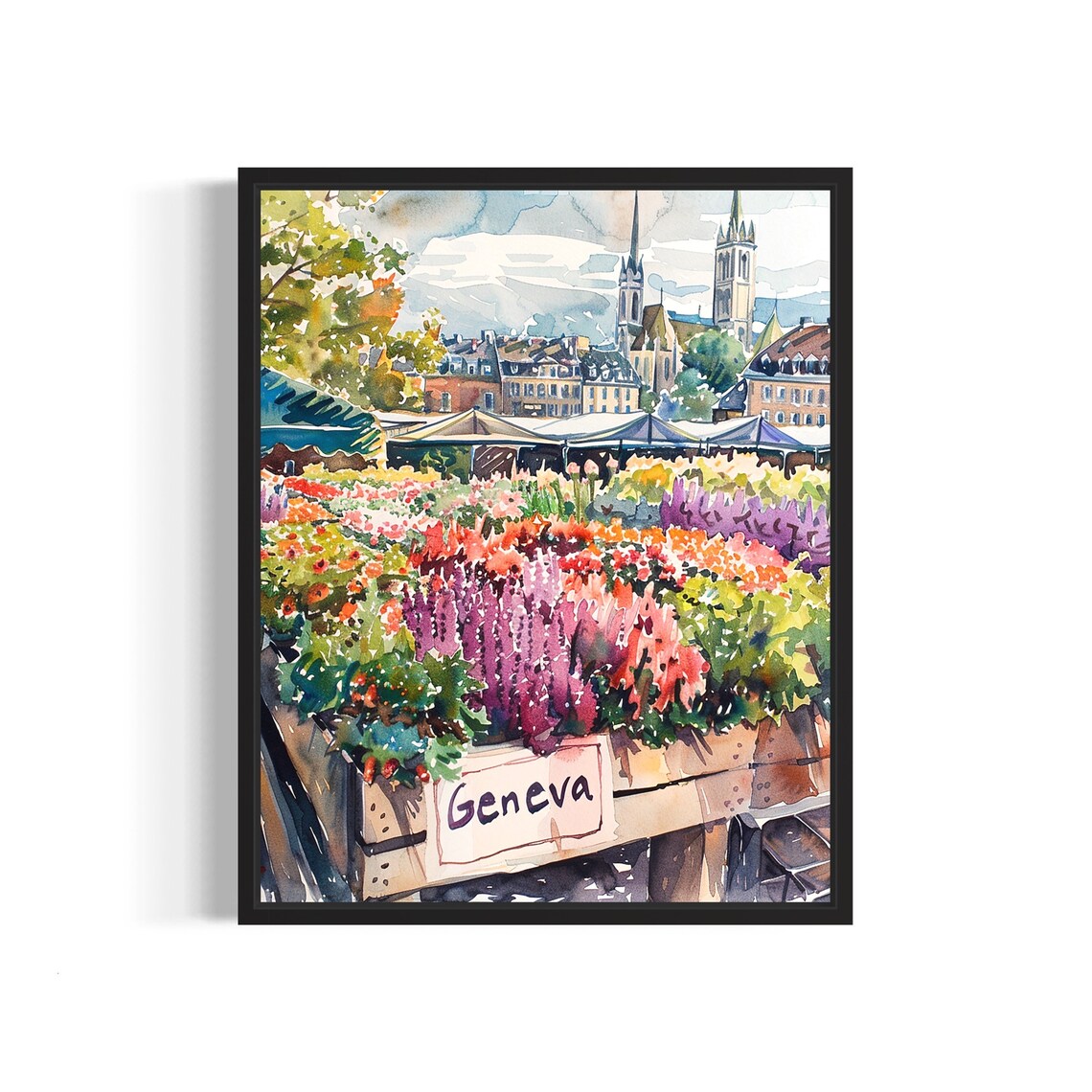 Geneva Flower Market Watercolor Poster Cathedral Lavender Beds