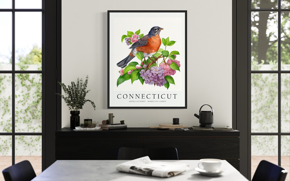 Connecticut State Bird Art Print, State Flower Wall Art - Image 3