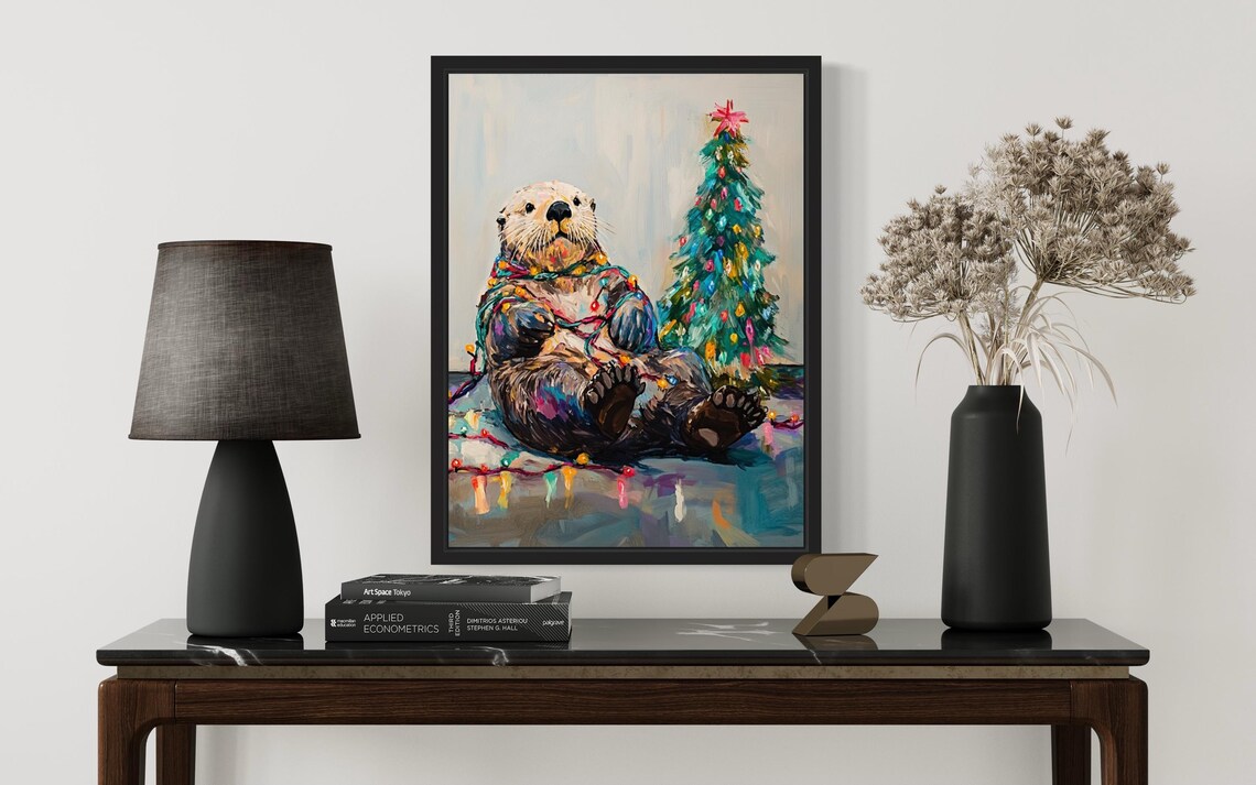 Sea Otter Tangled in Colorful Christmas Lights Holiday Poster - Image 3