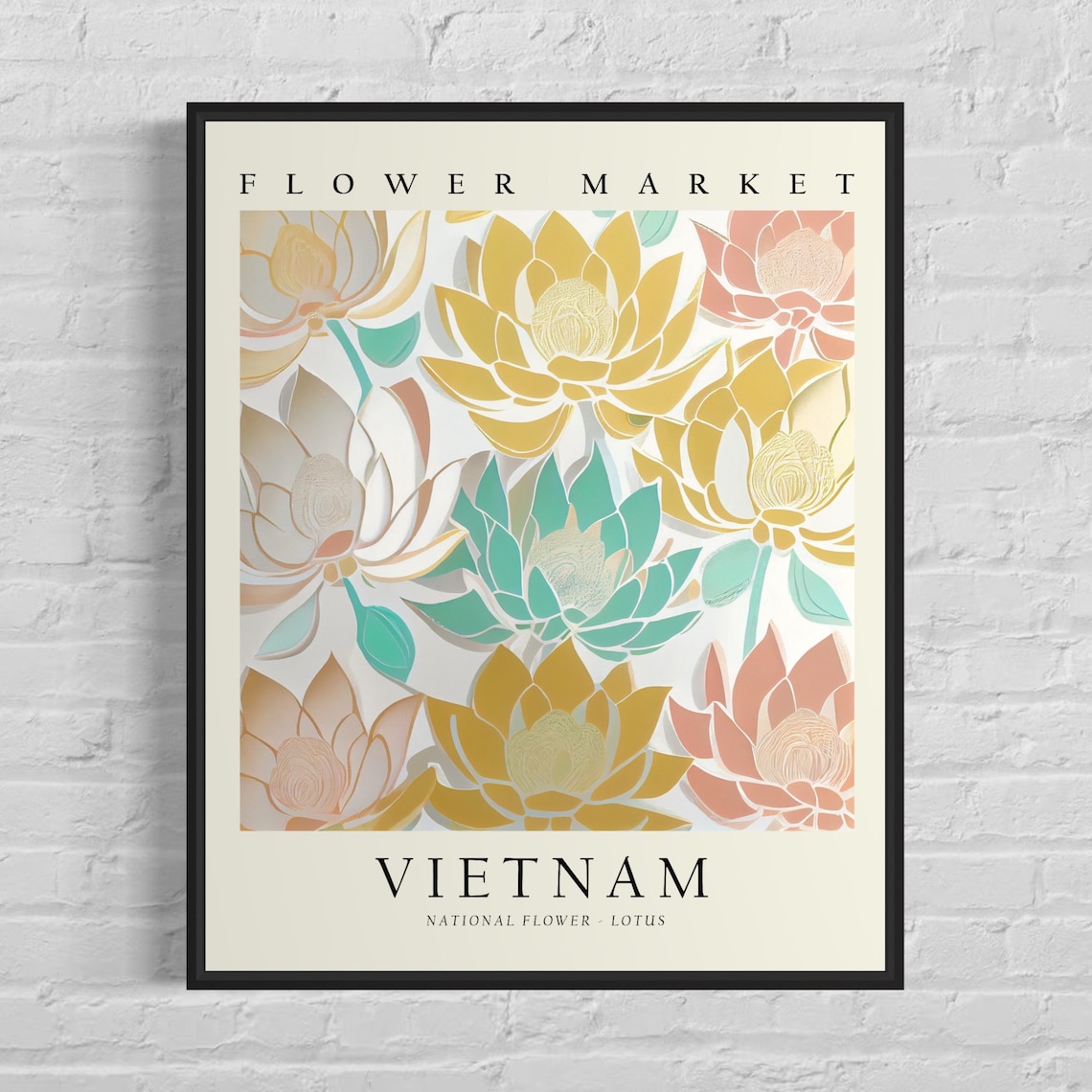 Vietnam National Flower Lotus, Neutral Botanical Art Print