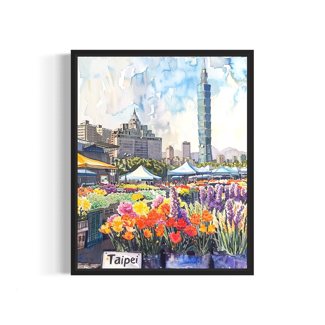 Taipei Taiwan Flower Market Watercolor Taipei 101 Skyline Poster