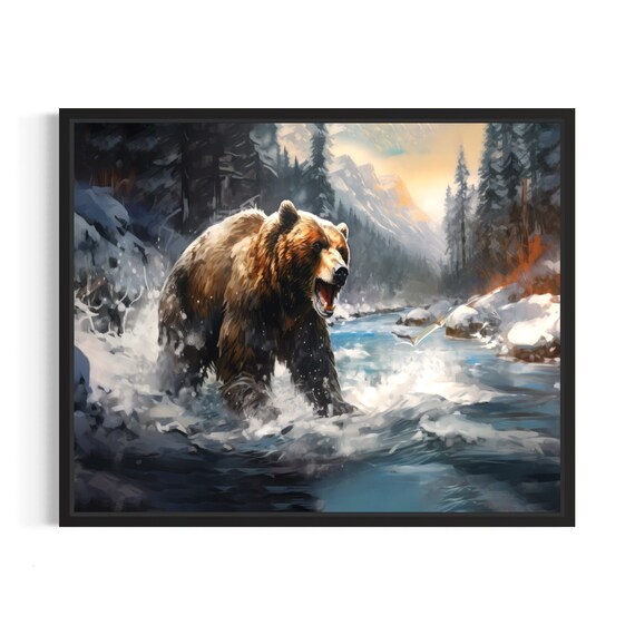 Bear Catching Fish Poster Art Print Winter Scenery Artwork Wall Art Painting