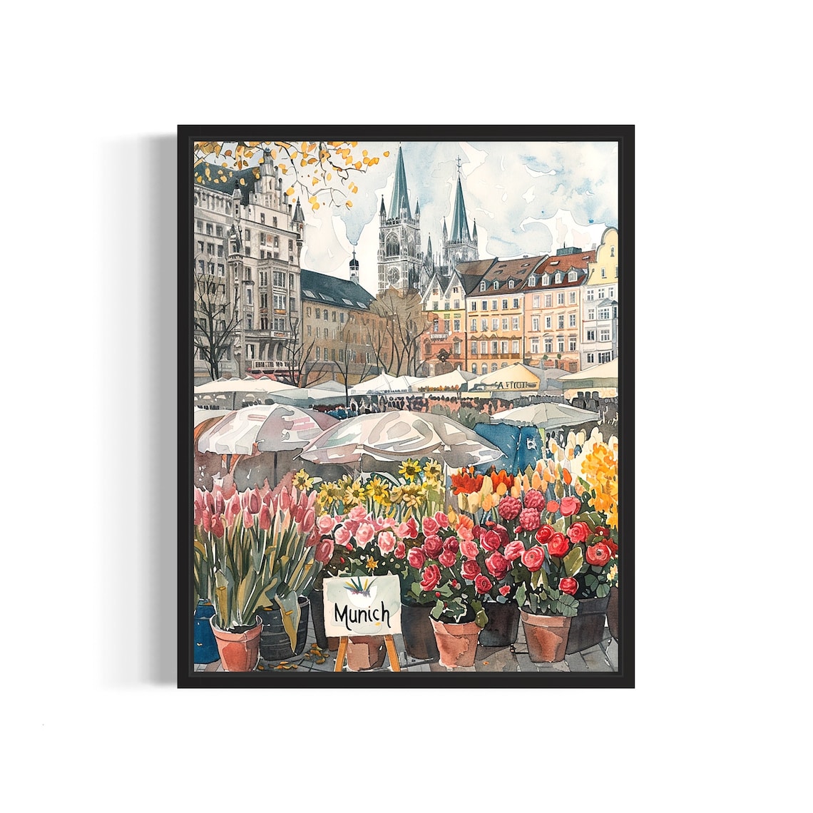 Munich Germany Twin Spires Watercolor Flower Market Scene Poster