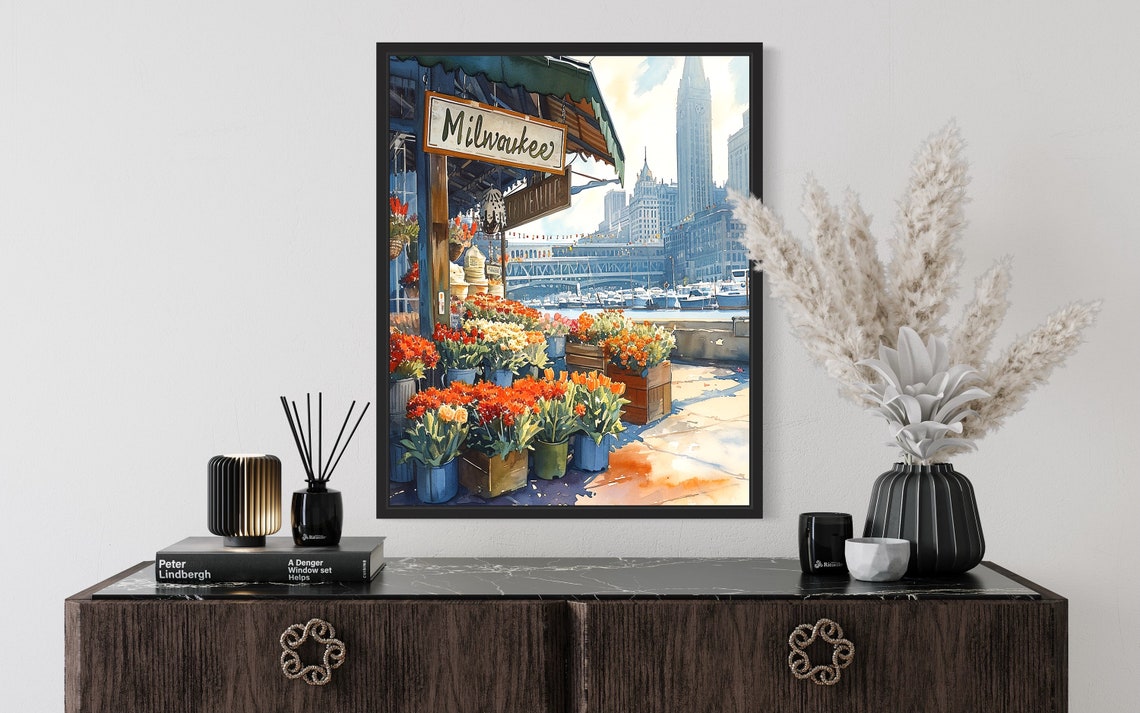 Milwaukee Flower Market Watercolor Poster Lakefront Tulip View - Image 2