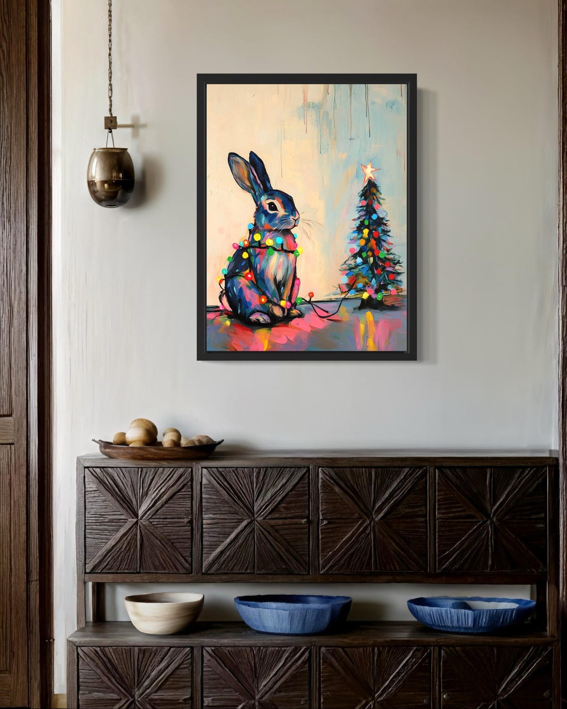 Rabbit Tangled In Christmas Lights Holiday Tree Poster Artwork - Image 3