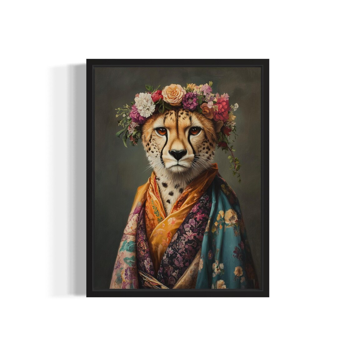 Cheetah Flower Crown Kimono Portrait Japanese Style Wild Cat Poster