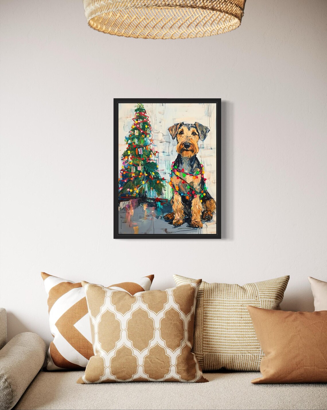 Airedale Terrier Dog Wrapped in Bright Christmas Lights Holiday Poster - Image 3