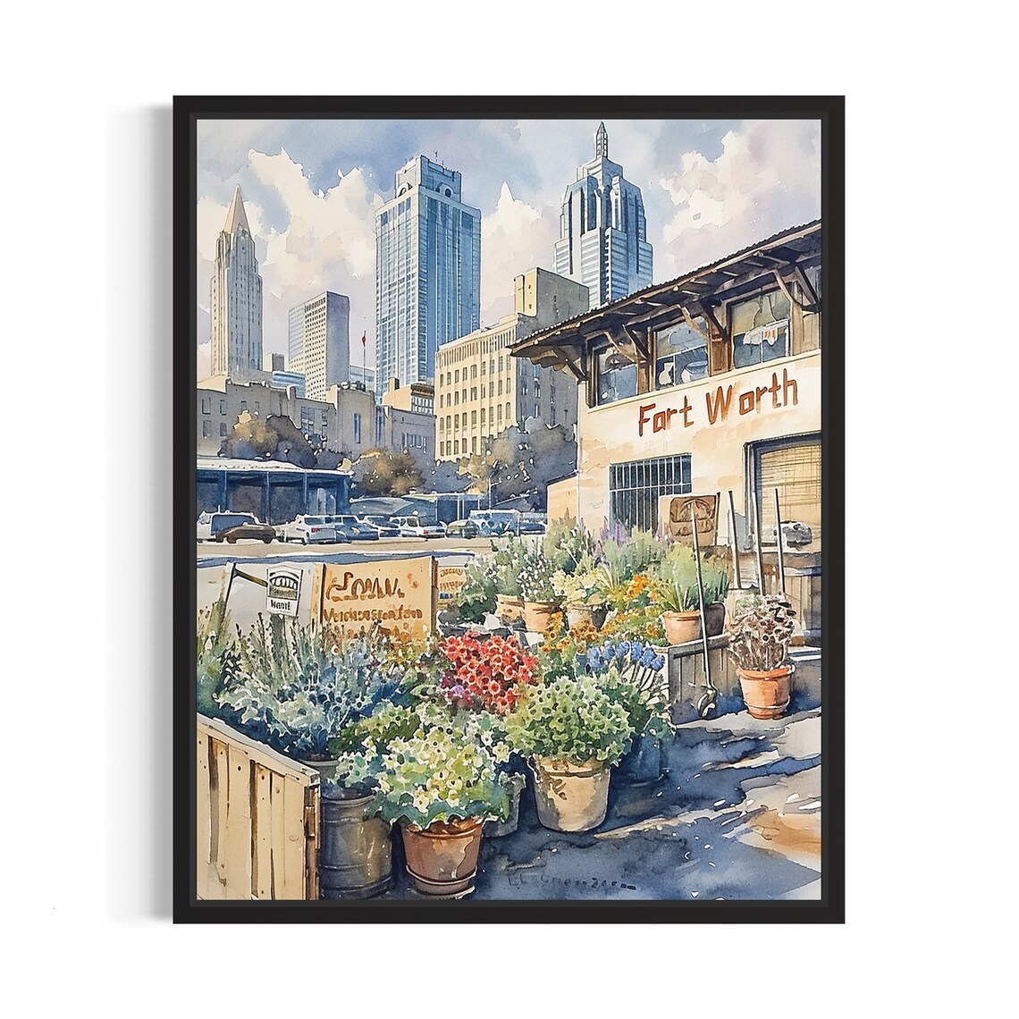 Fort Worth Flower Market Watercolor Poster Potted Blooms Downtown View