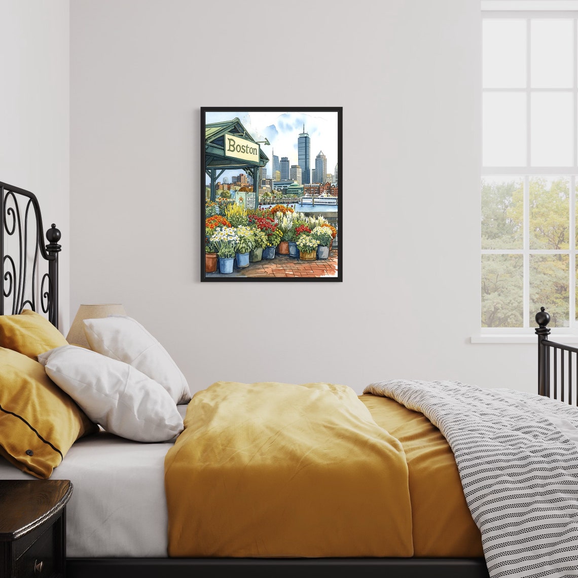 Boston Flower Market Watercolor Poster Harbor Ferry Skyline Scene - Image 3