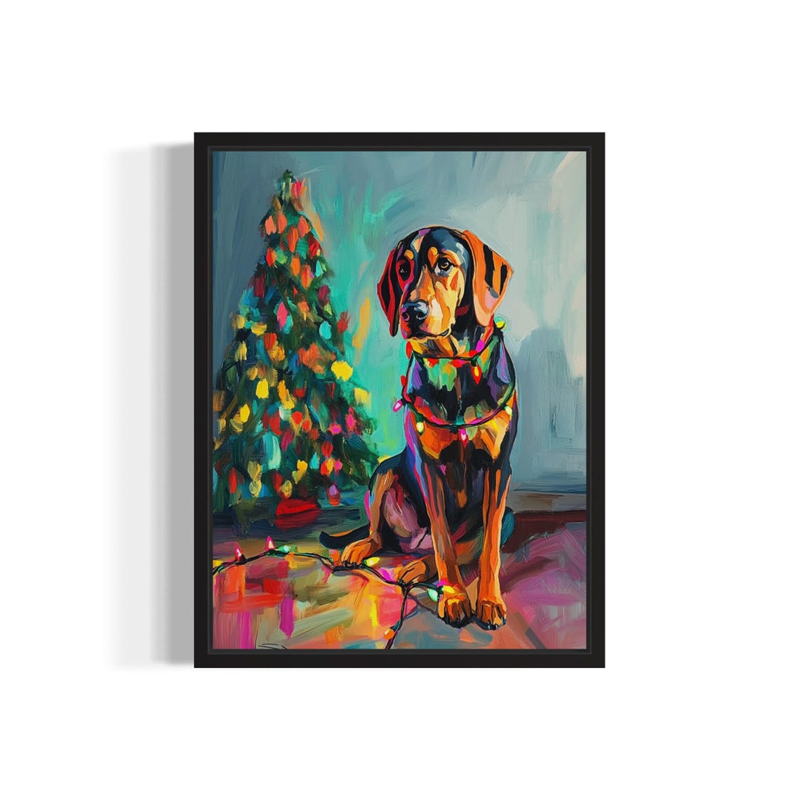 Bloodhound Dog Tangled in Colorful Christmas Lights Holiday Poster