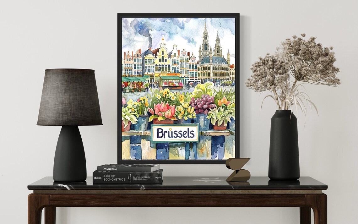 Brussels Flower Market Watercolor Poster Grand Place Architecture - Image 2