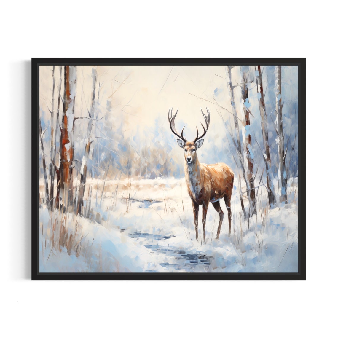 Caribou Stag in Snowy Winter Forest Oil Painting Style Poster
