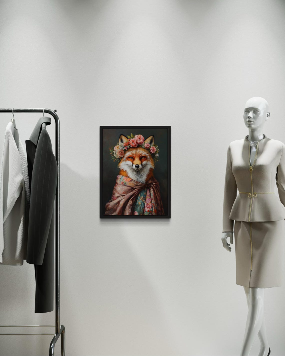 Fox Poster Art Print Animal Flowers In Kimono Wall Art Decor Painting Artwork - Image 2
