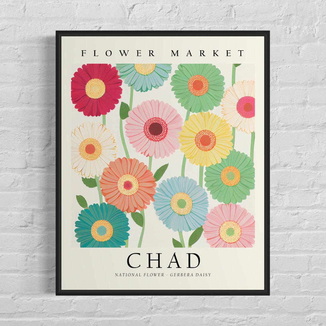 Chad Flower Market National Gerbera Daisy Floral Vintage Poster