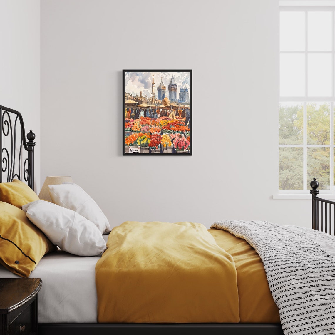 Mecca Saudi Arabia Flower Market Watercolor Clock Tower Scene Poster - Image 3