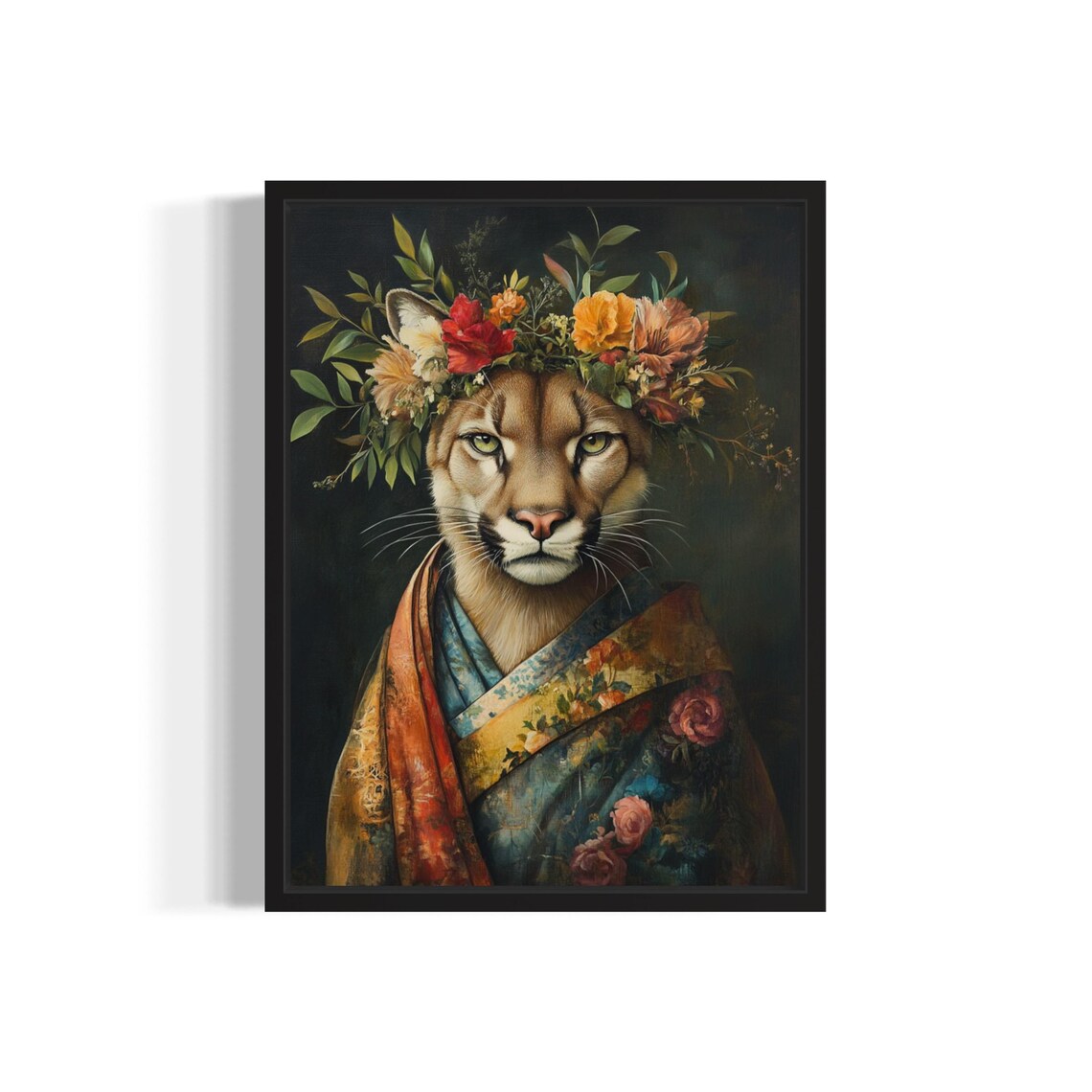Cougar Poster Art Print, Animal Flowers In Kimono