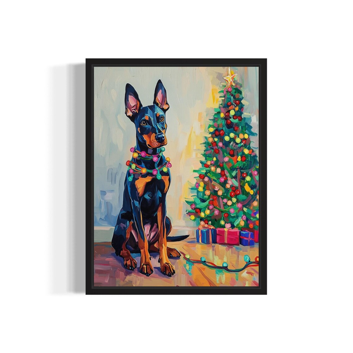 Doberman Pinscher Christmas Lights Holiday Art Print