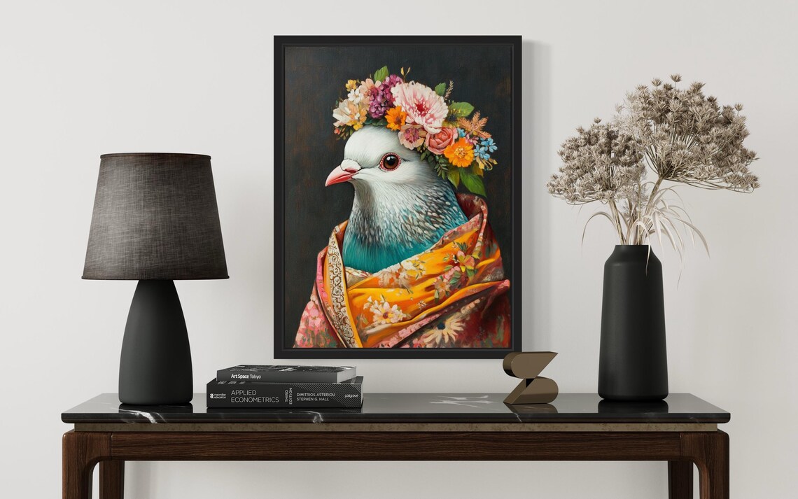 Pigeon Poster Art Print, Floral Kimono Decor - Image 2